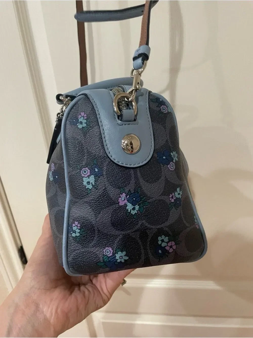 Coach Mini Bennett Satchel in a blue floral print with signature coated canvas